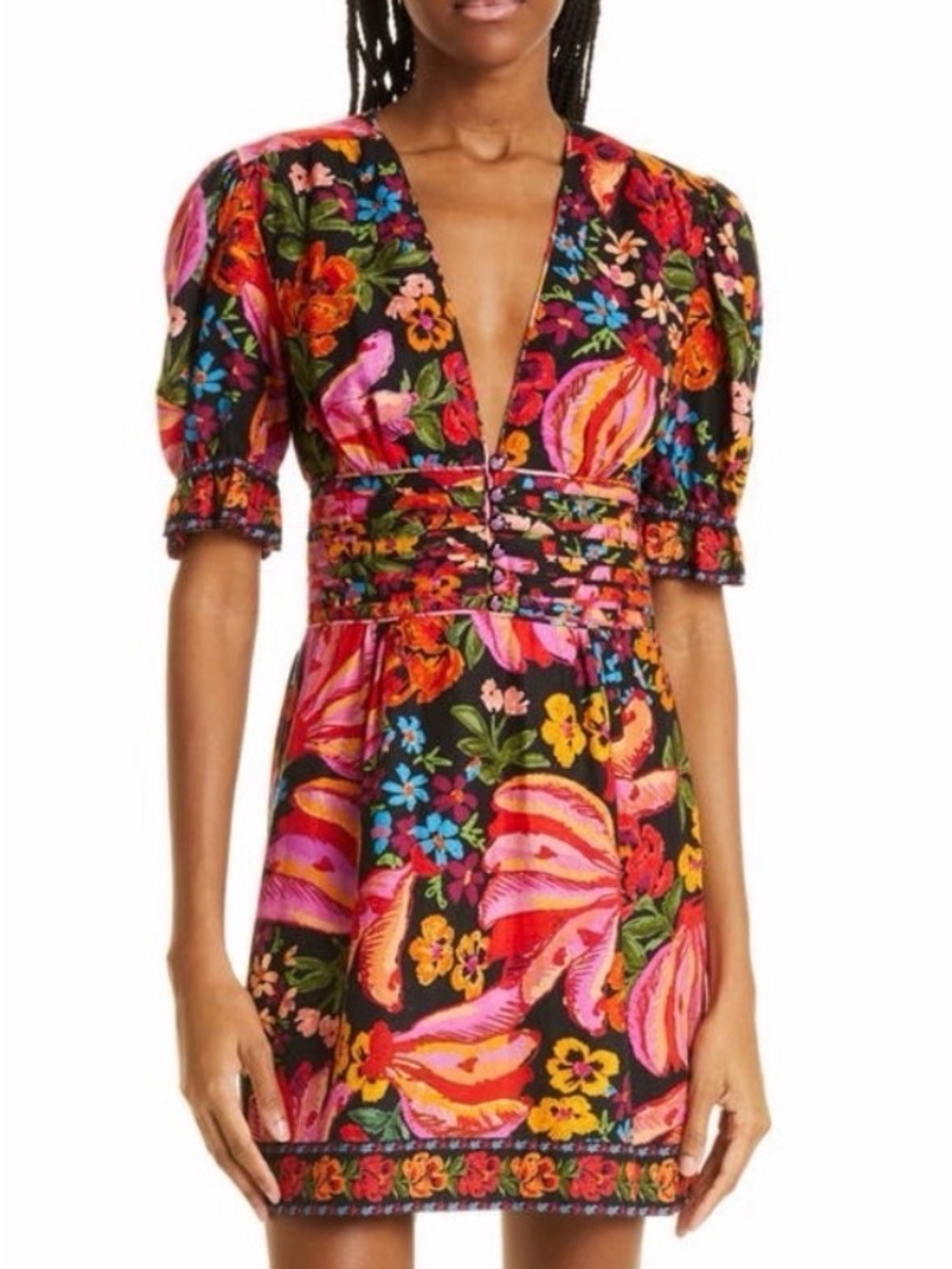 FARM Rio Black Mini Dress with Pink, Red & Yellow Floral Print